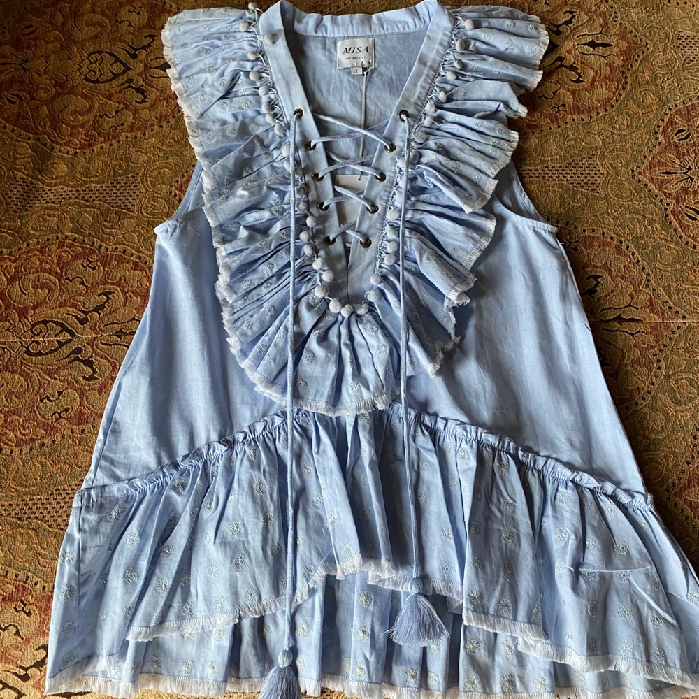 MISA Los Angeles Marjan Top, Blue Linen Blouse - Picture 3 of 6